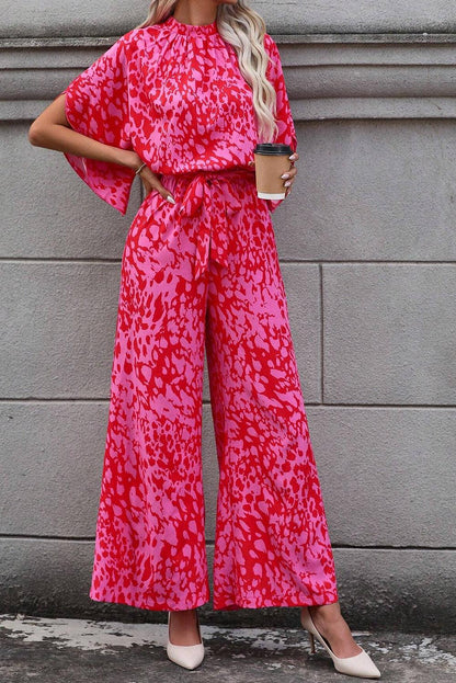 Rose Leopard Loose Sleeve Belted Wide Leg Jumpsuit - L & M Kee, LLC