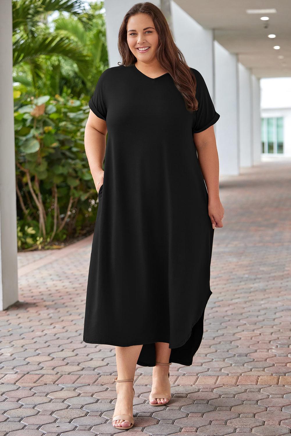 Plus Size V Neck Rolled Cuffs Maxi Dress - L & M Kee, LLC