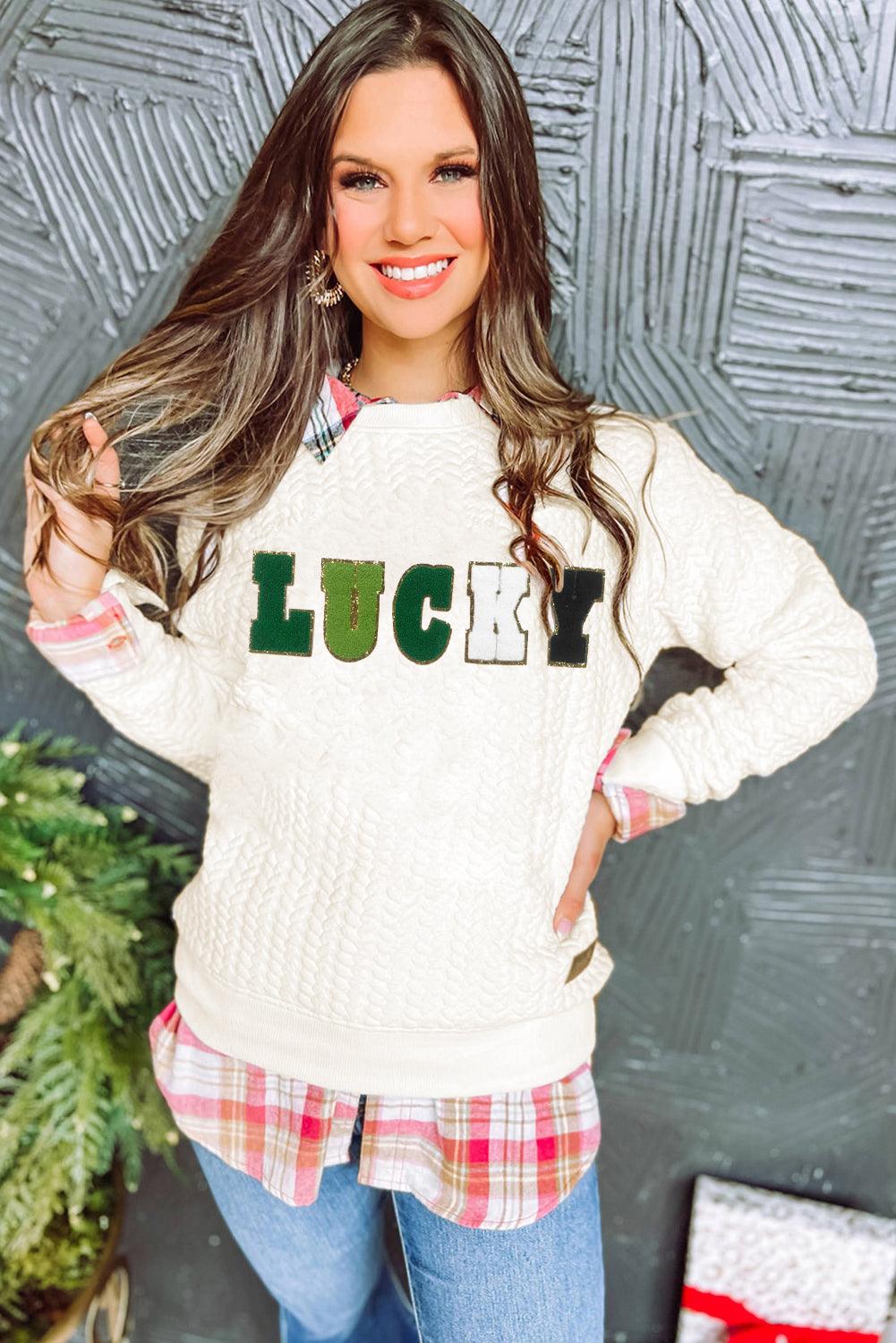 White LUCKY Chenille Embroidered Cable Knit Pullover Sweatshirt - L & M Kee, LLC