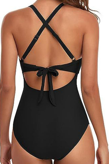 Black 2-tone Crossed Cutout Backless Monokini - L & M Kee, LLC