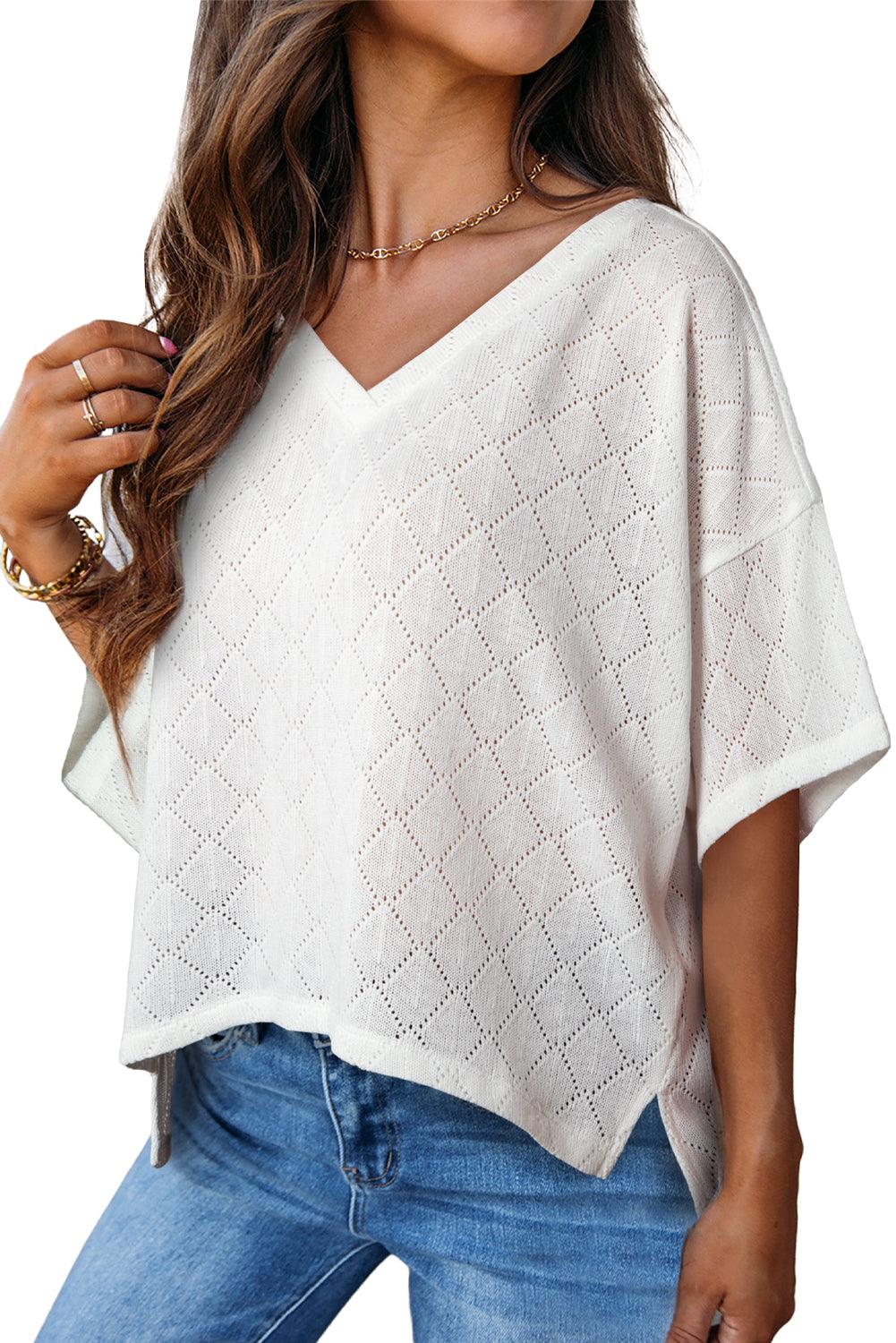 White V Neck Knitted Flowy Blouse - L & M Kee, LLC