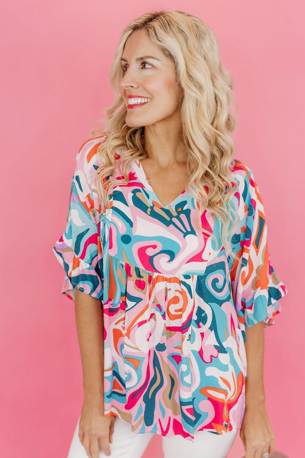 Abstract Print Ruffle V Neck Blouse - L & M Kee, LLC