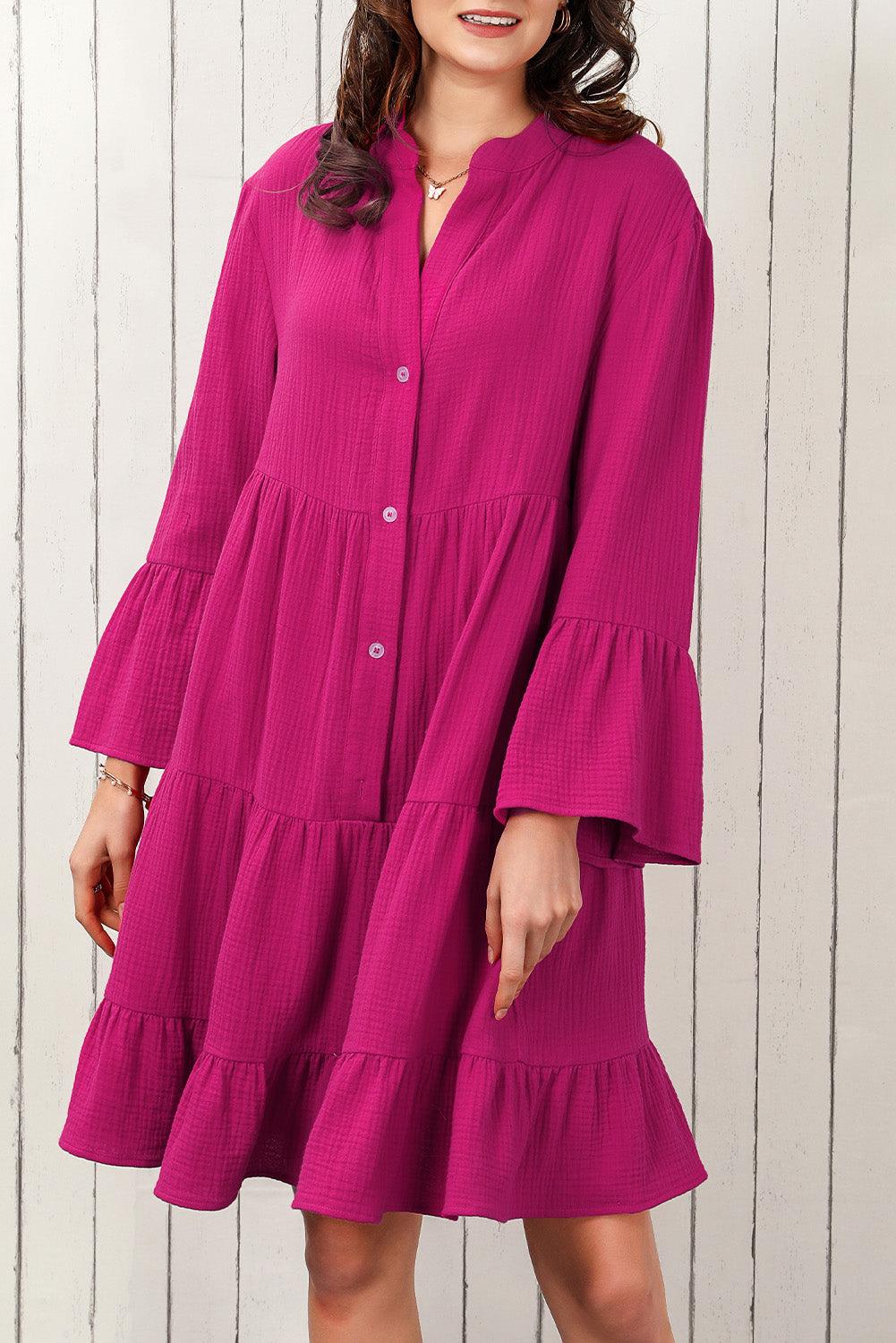 Crinkled Tiered Split Neck Shirt Dress - L & M Kee, LLC