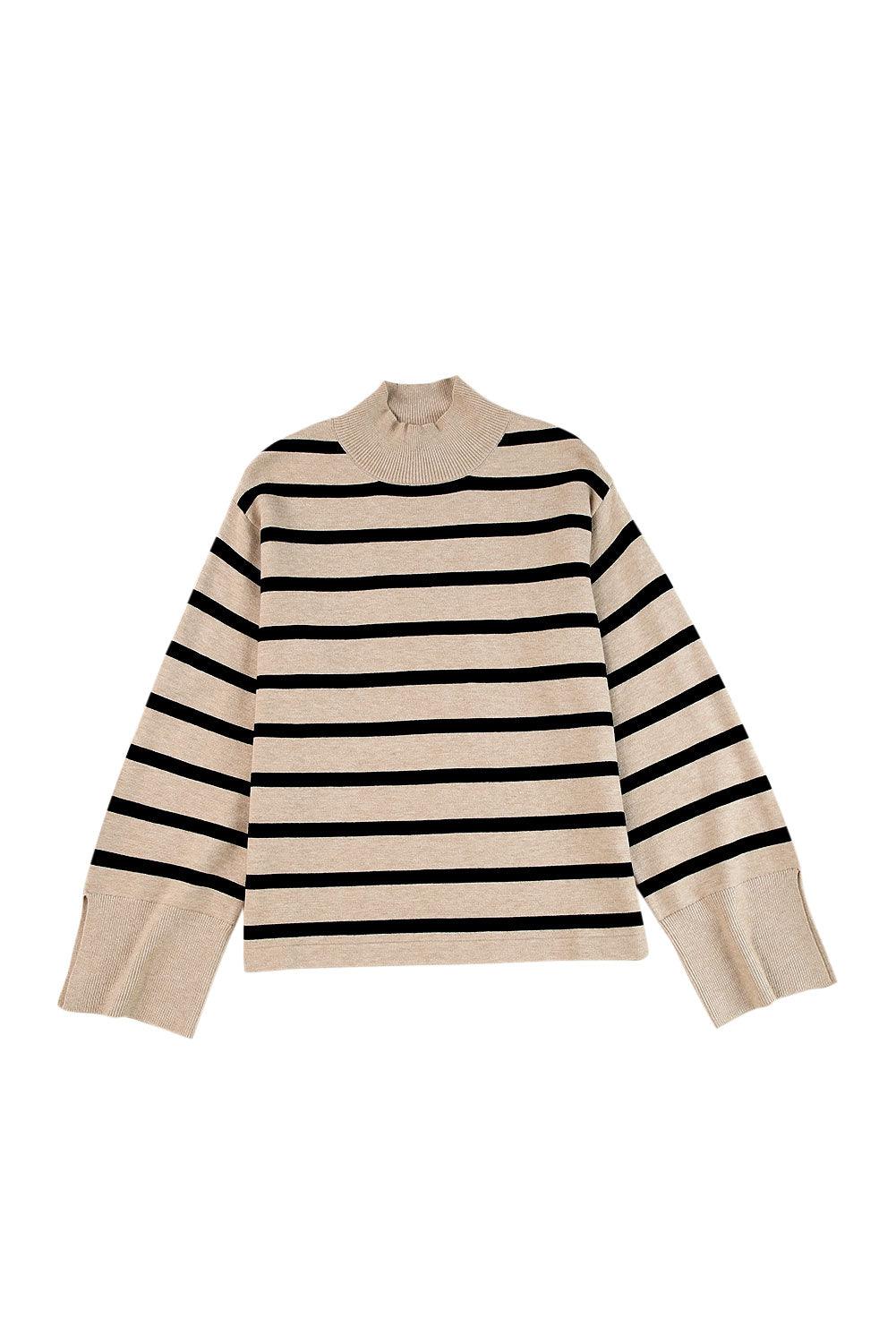 Khaki Striped Mock Neck Bell Sleeve Knit Sweater - L & M Kee, LLC