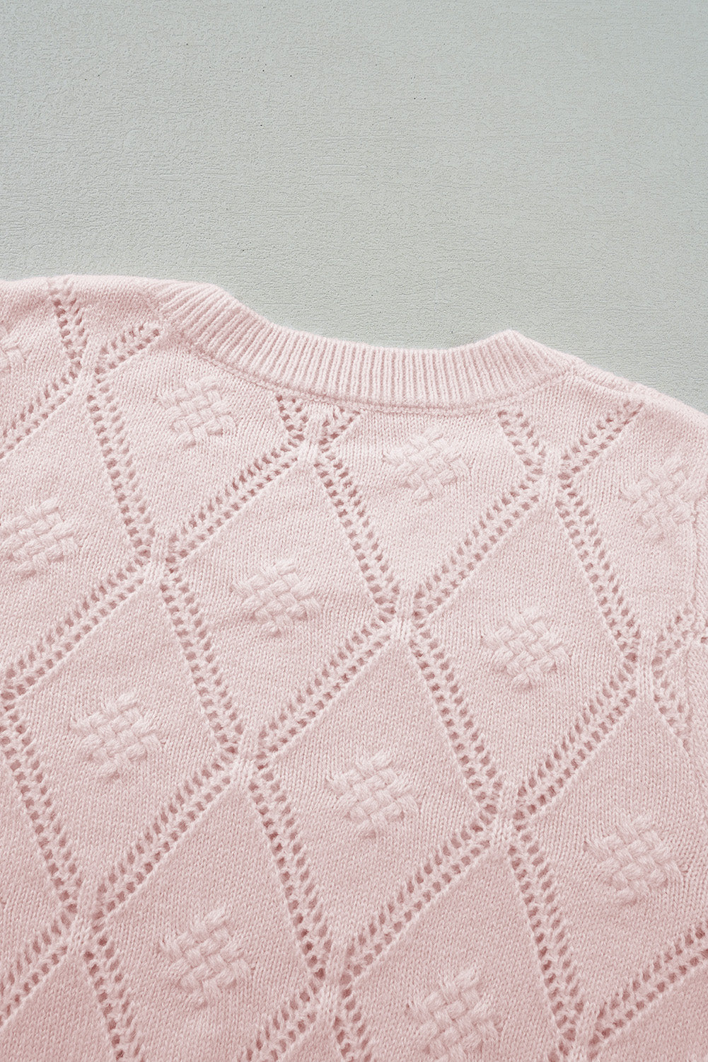 Gossamer Pink Openwork Plaid Puff Sleeve Cropped Sweater