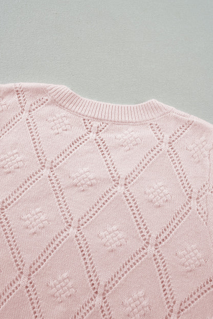 Gossamer Pink Openwork Plaid Puff Sleeve Cropped Sweater