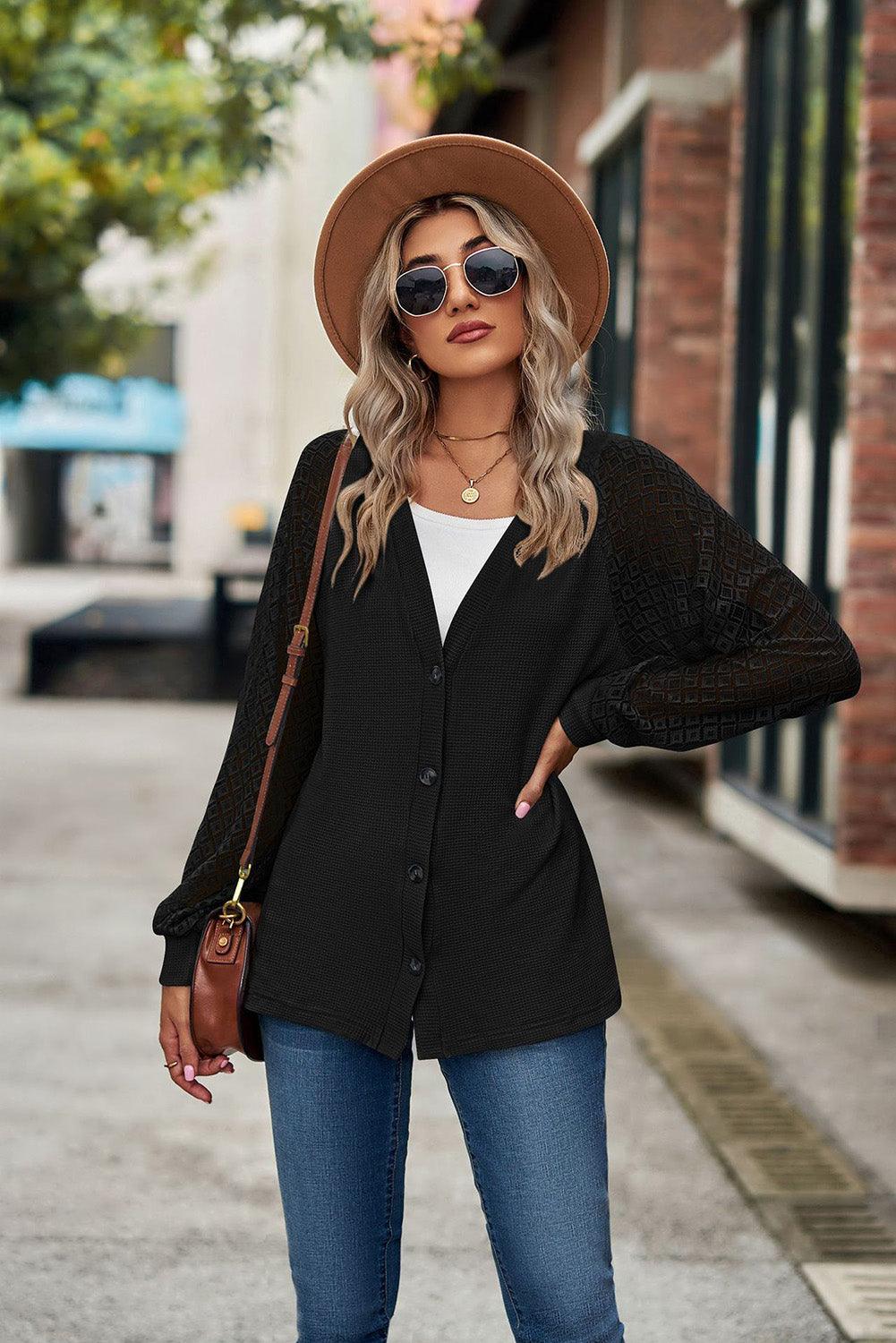 Waffled Knit Lace Long Sleeve Buttoned Cardigan - L & M Kee, LLC