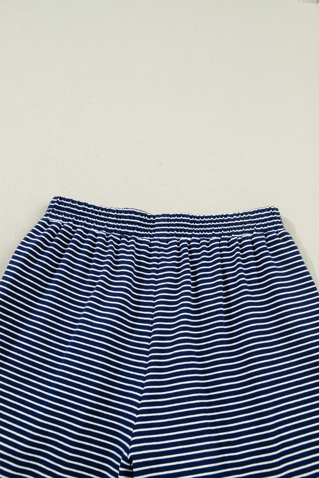 Blue Stripe Drop Shoulder Round Neck Long Sleeve Tee and Buttoned Shorts 2pcs Lounge Set