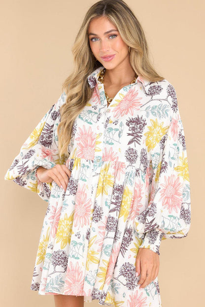 White Collared Neck Bubble Sleeve Floral Dress - L & M Kee, LLC