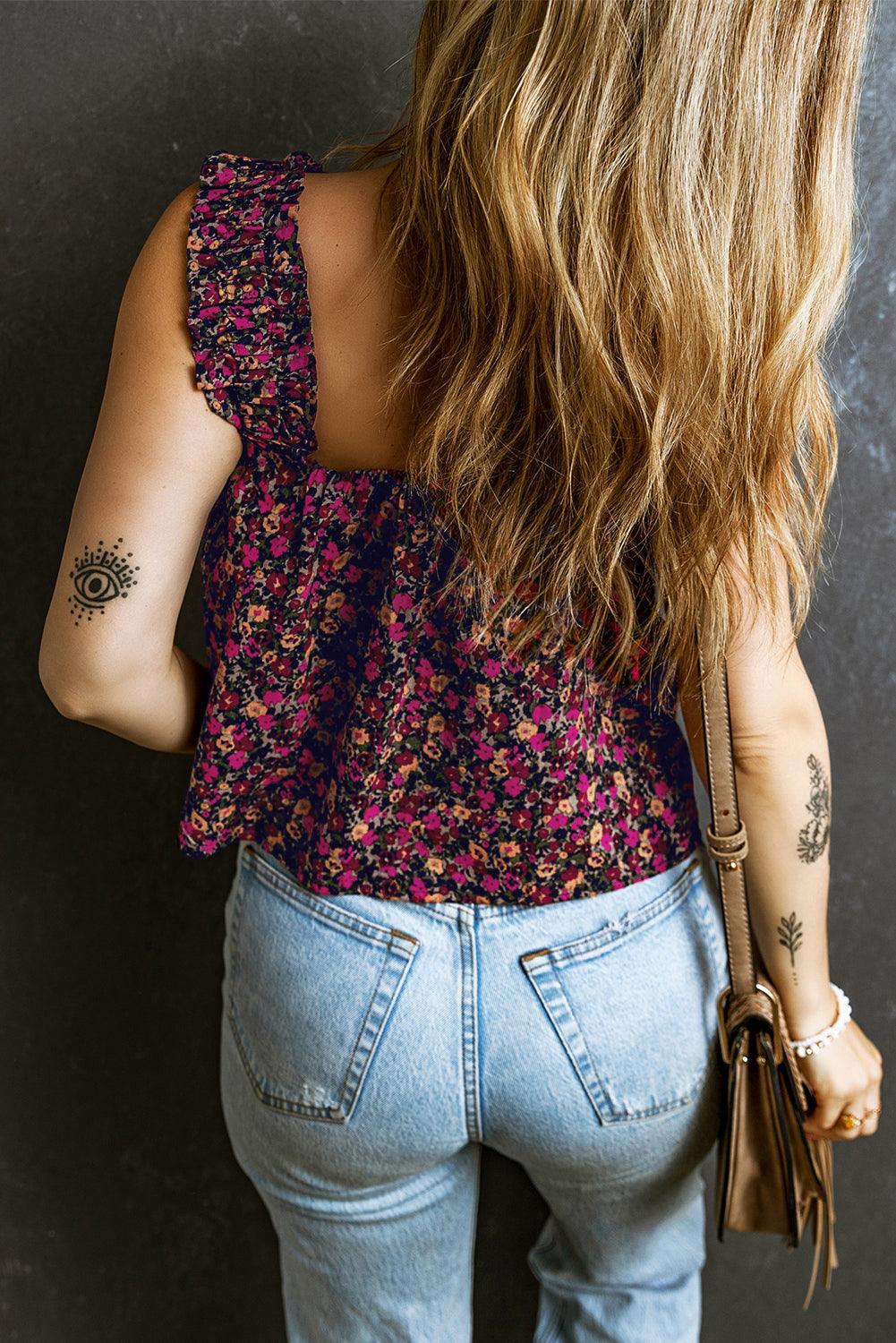 Rose Boho Frilled Straps Floral Tank Top - L & M Kee, LLC