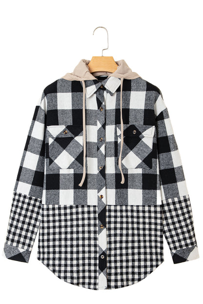 Black Double Plaid Patchwork Drawstring Hooded Shacket