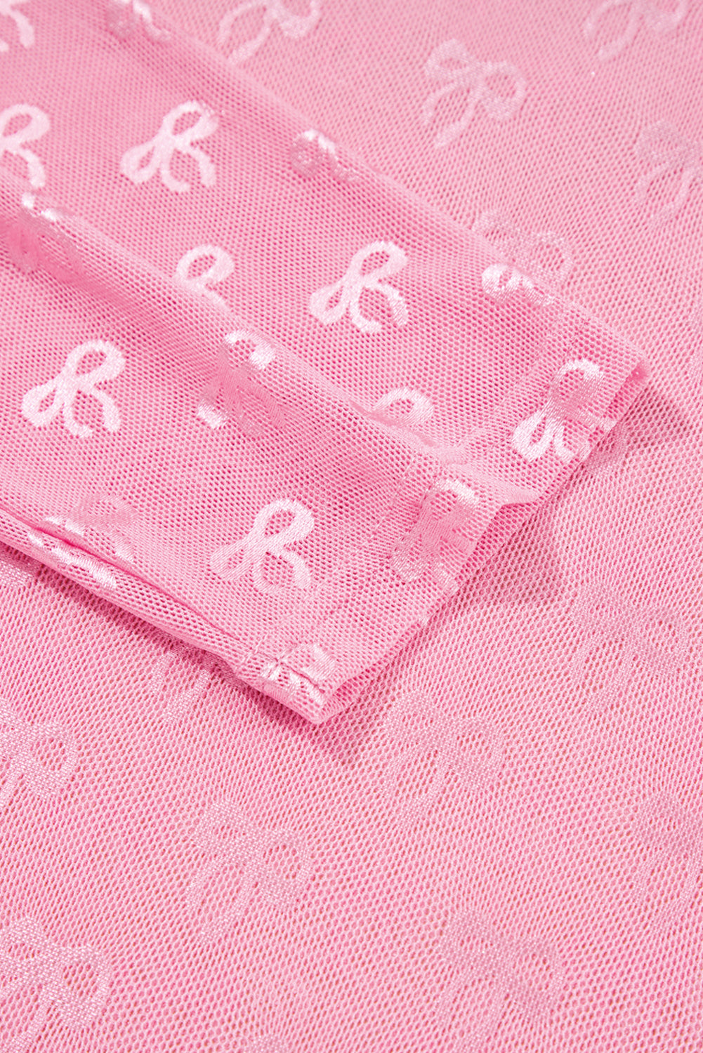 Pink Plus Size Bow Embroidered Mesh Long Sleeve Top