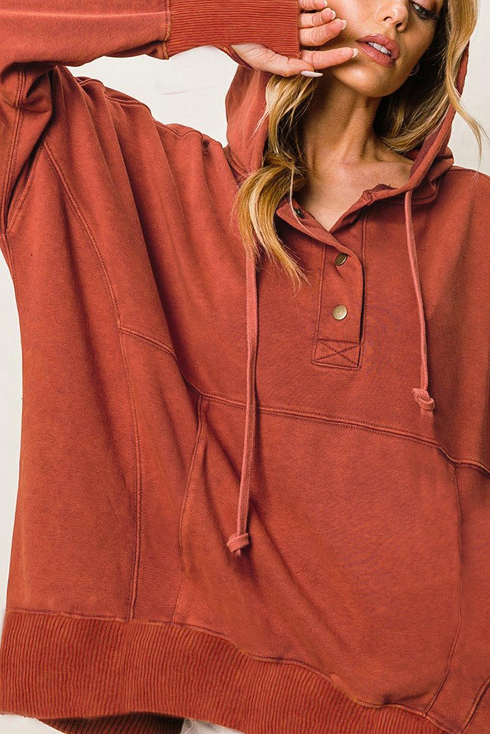 Orange Oversized Snap Buttons Thumb Hole Pullover Hoodie - L & M Kee, LLC
