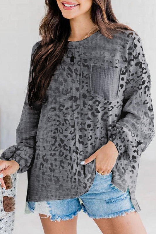 Gradient Leopard Print Waffle Knit Long Sleeve Top - L & M Kee, LLC