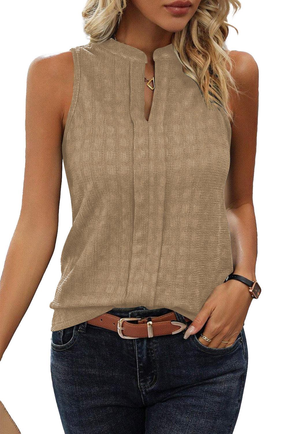 Light French Beige Lattice Textured Split Neck Tank Top - L & M Kee, LLC