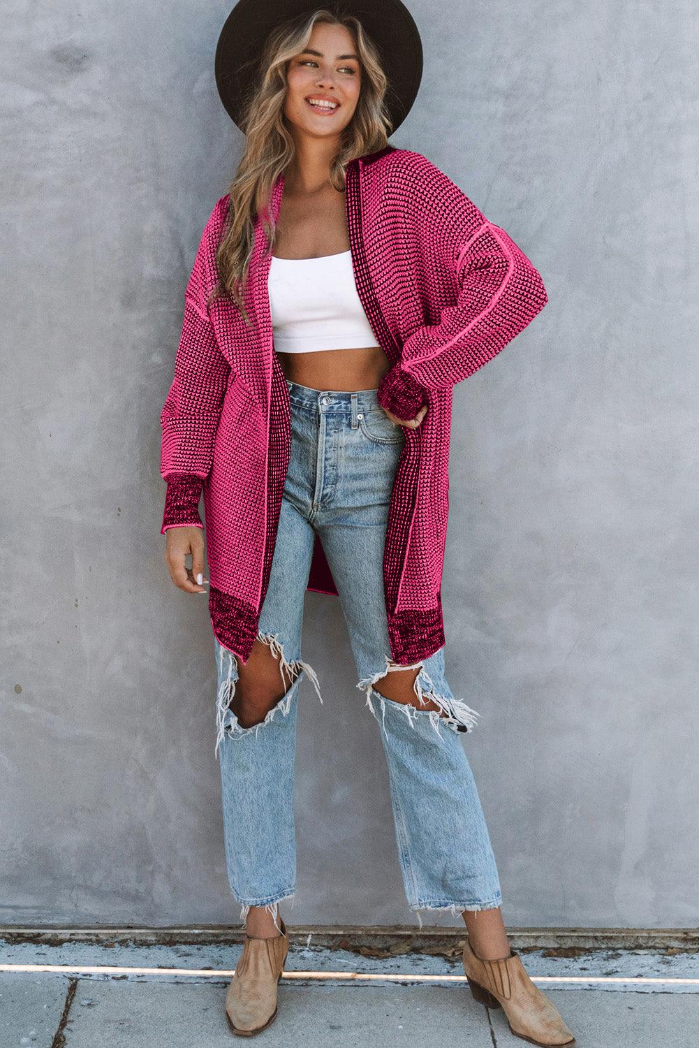 Rose Plaid Knitted Long Open Front Cardigan - L & M Kee, LLC