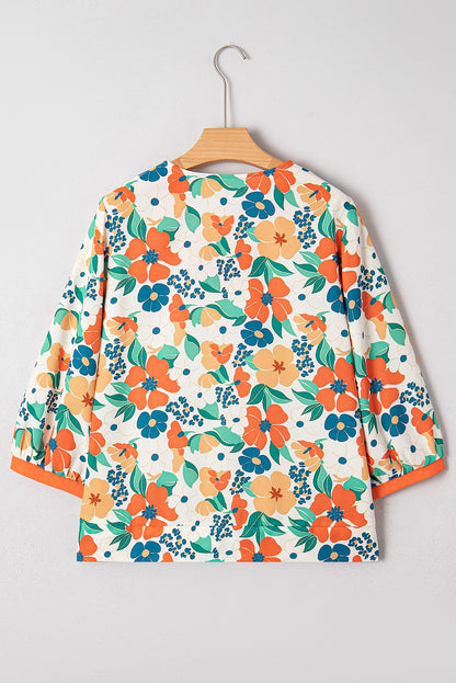 Orange Frilled V Neck Floral Print Bracelet Sleeve Blouse