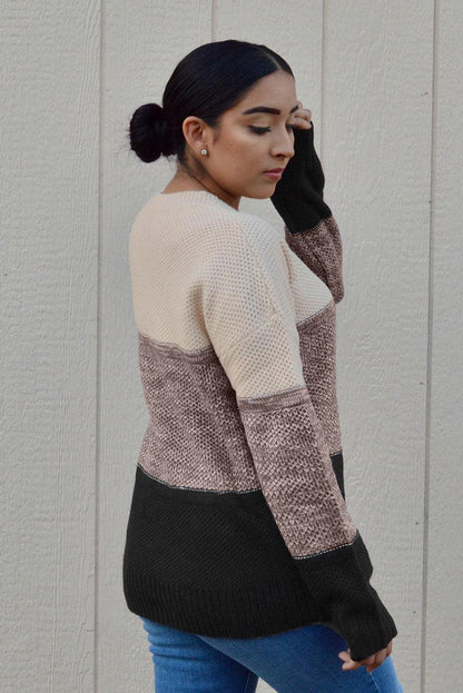 Gray Color Block Netted Texture Pullover Sweater - L & M Kee, LLC