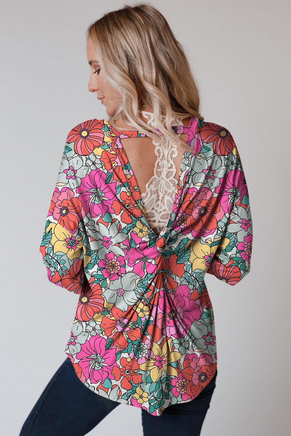 Multicolor Twisted Hollow-out Back Floral Long Sleeve Top - L & M Kee, LLC