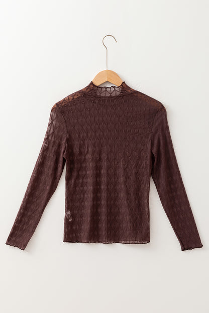 Coffee Sheer Mesh Patterned Lettuce Trim Slim Long Sleeve Top