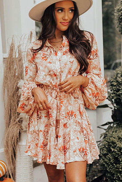 Orange Bubble Sleeve Cinched Waist Floral Dress - L & M Kee, LLC