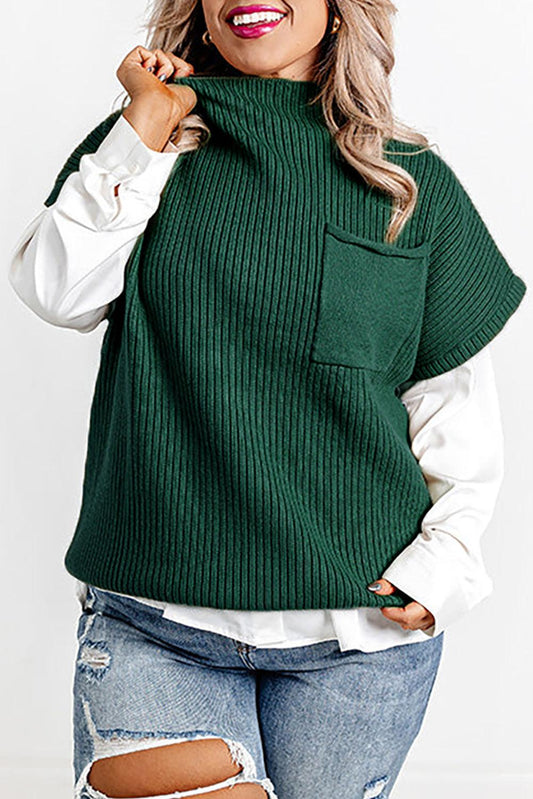Jungle Green Plus Size Mock Neck Chest Pocket Short Sleeve Sweater - L & M Kee, LLC