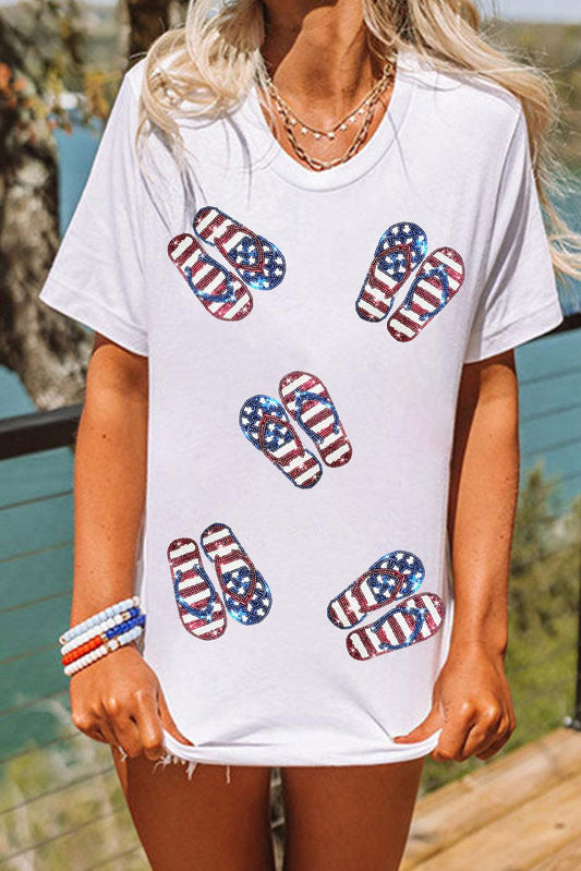 White Sequin American Flag Slipper Pattern Graphic T Shirt - L & M Kee, LLC