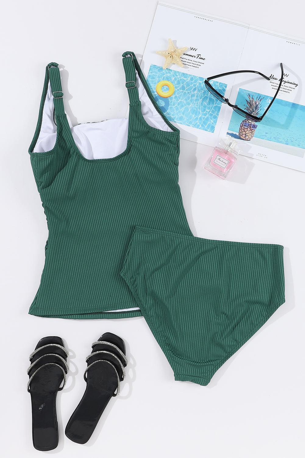 Blackish Green Ruched U Neck Ribbed Tankini - L & M Kee, LLC