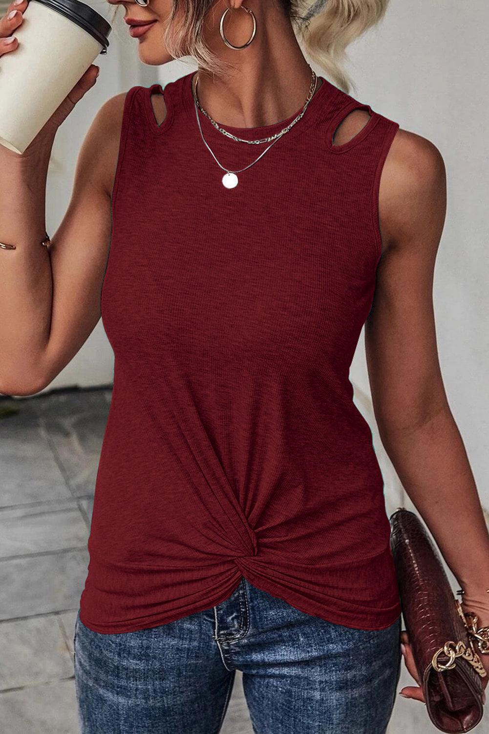 Rib Knit Cut-out Front Twist Tank Top - L & M Kee, LLC