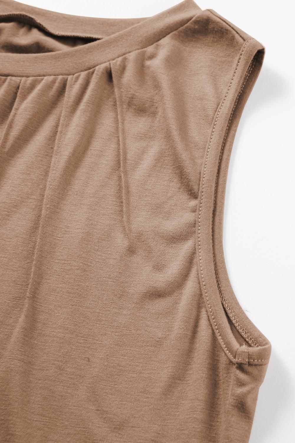 Light French Beige Pleated Detail Round Neck Tank Top - L & M Kee, LLC