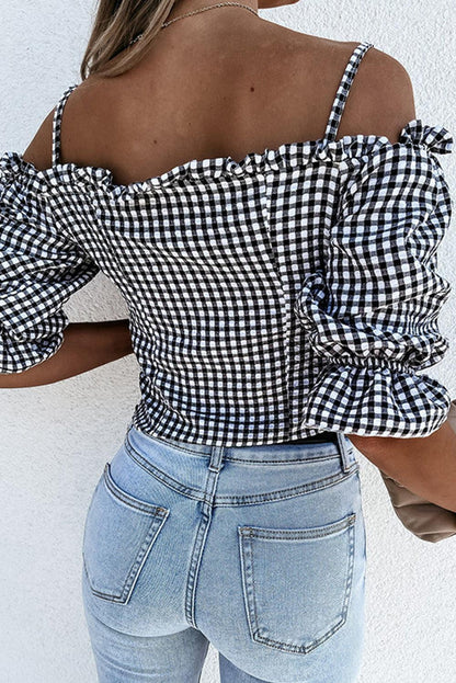 Sweetheart Gingham Button Down Cold Shoulder Blouse