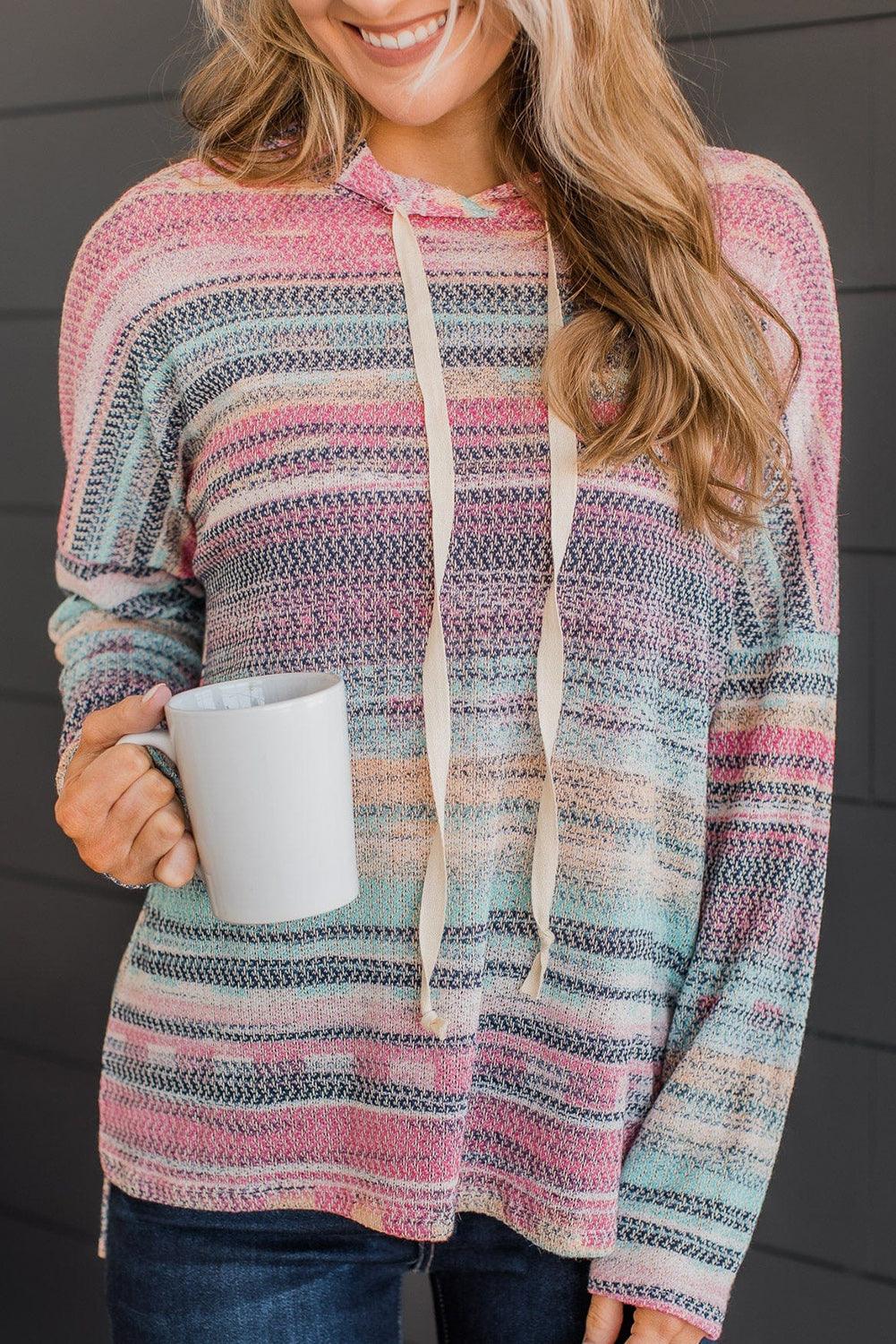 Multicolor Striped Print Cable Knit Drop Shoulder Hoodie - L & M Kee, LLC