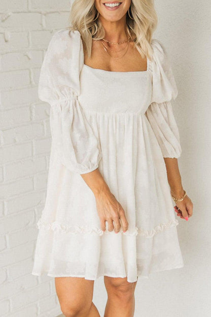 White Jacquard Square Neck Bubble Sleeve Dress - L & M Kee, LLC
