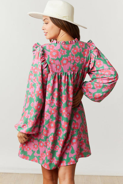 Pink Split V Neck Bubble Sleeve Loose Floral Dress - L & M Kee, LLC