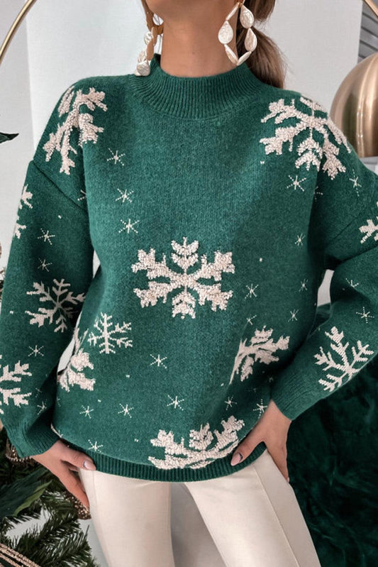 Blackish Green Christmas Snowflake Mock Neck Sweater - L & M Kee, LLC