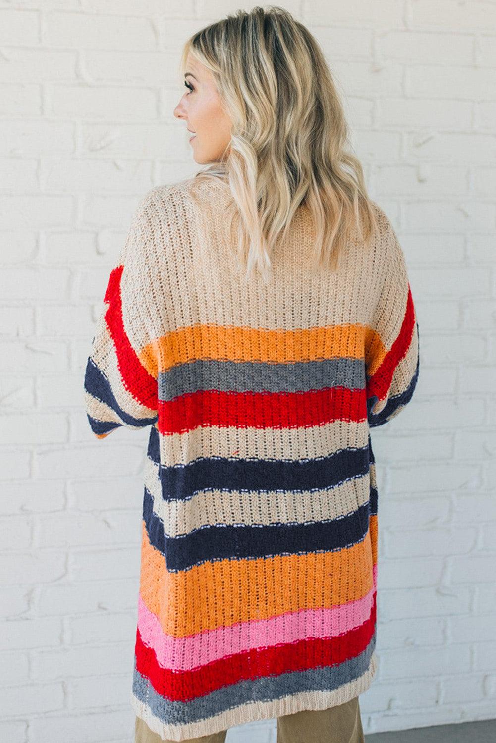 Stripes Knitted Balloon Sleeve Open Cardigan - L & M Kee, LLC