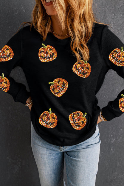 Black Halloween Sequin Pumpkin Face Pullover Long Sleeve Top