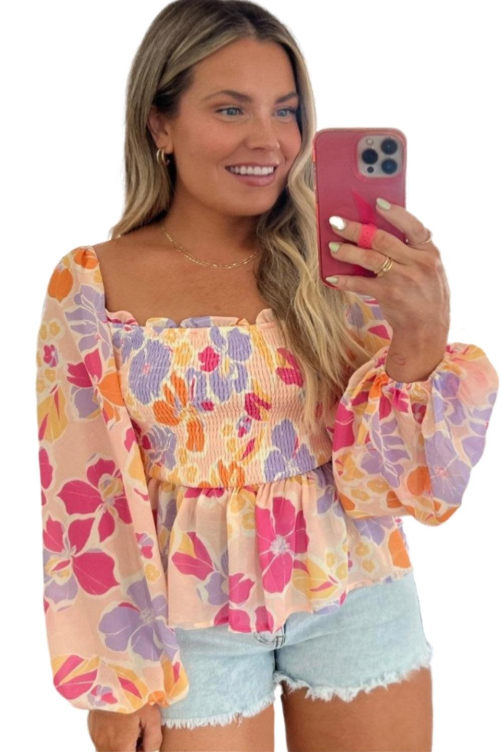 Pink Plus Size Floral Puff Sleeve Smocked Peplum Top - L & M Kee, LLC