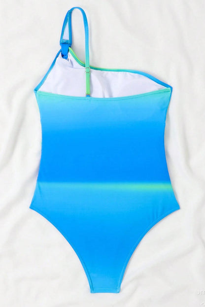 Sky Blue Gradient Ruched Asymmetric One-shoulder Teddy Swimsuit - L & M Kee, LLC