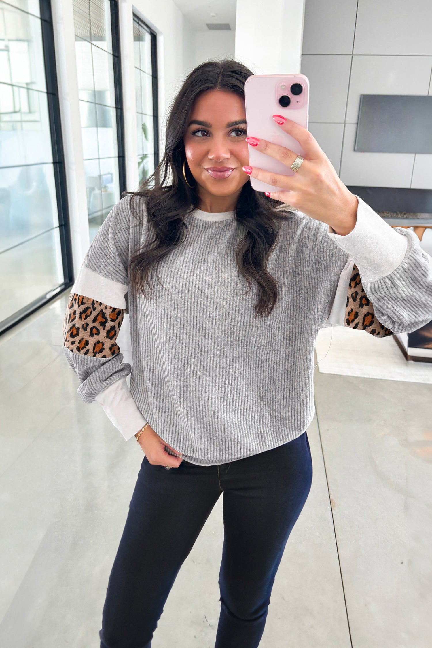 Gray Leopard Print Colorblock Patchwork Ribbed Knit Top