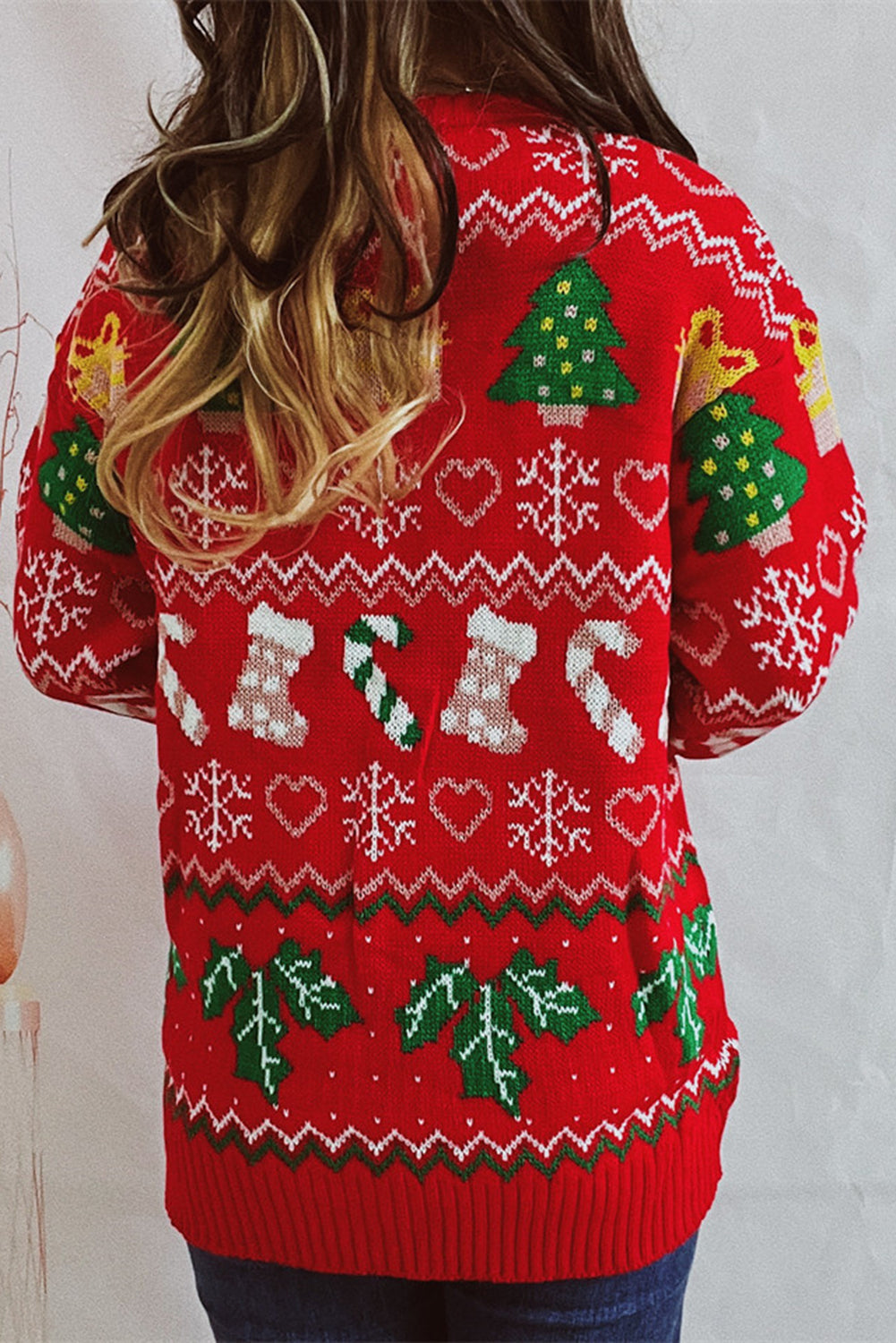 Fiery Red Christmas Pattern Drop Shoulder Knitted Sweater