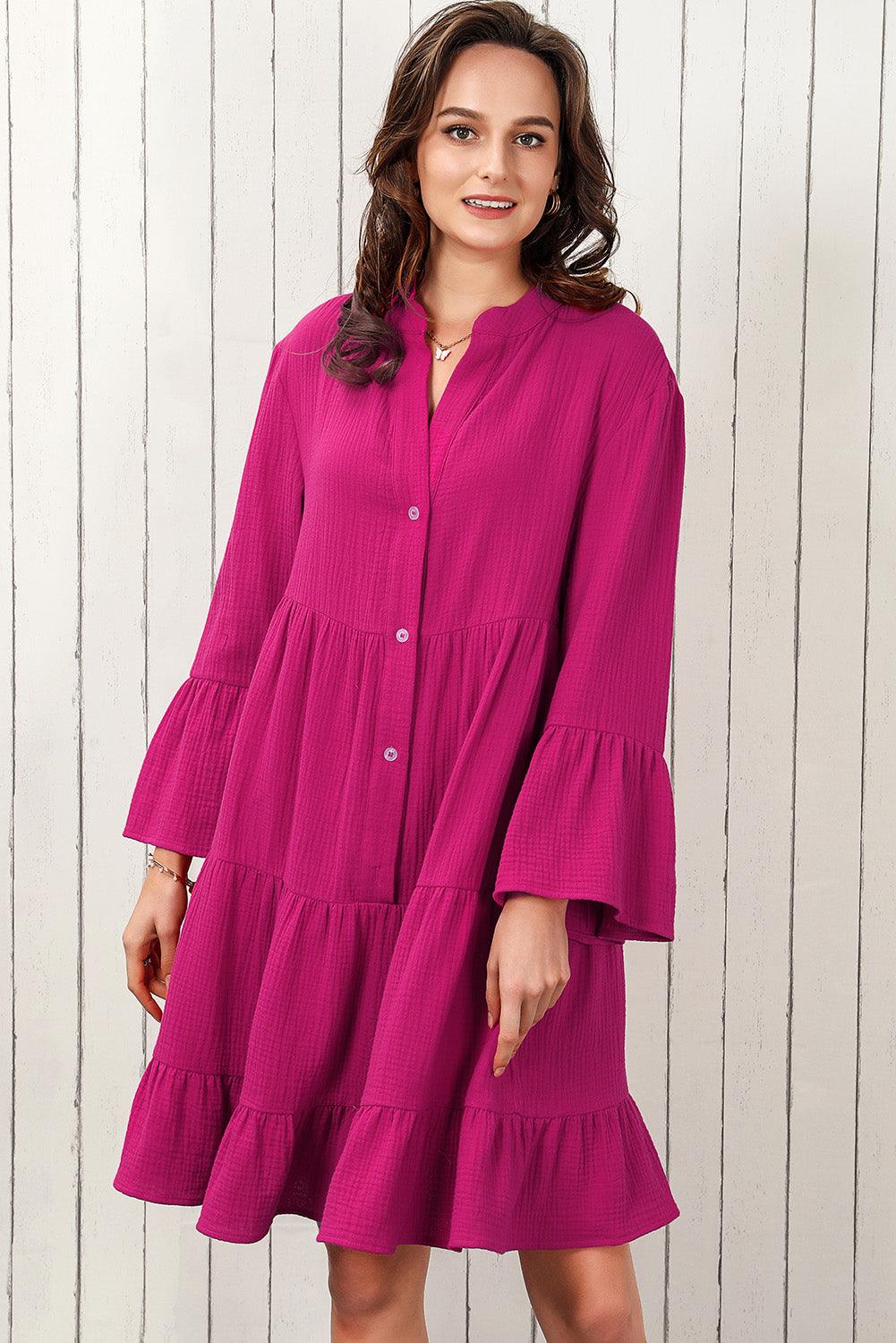 Crinkled Tiered Split Neck Shirt Dress - L & M Kee, LLC