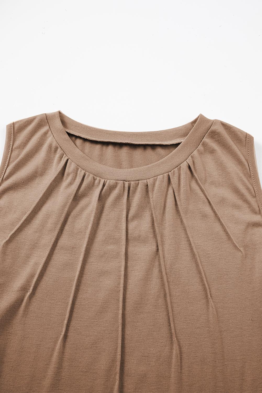Light French Beige Pleated Detail Round Neck Tank Top - L & M Kee, LLC