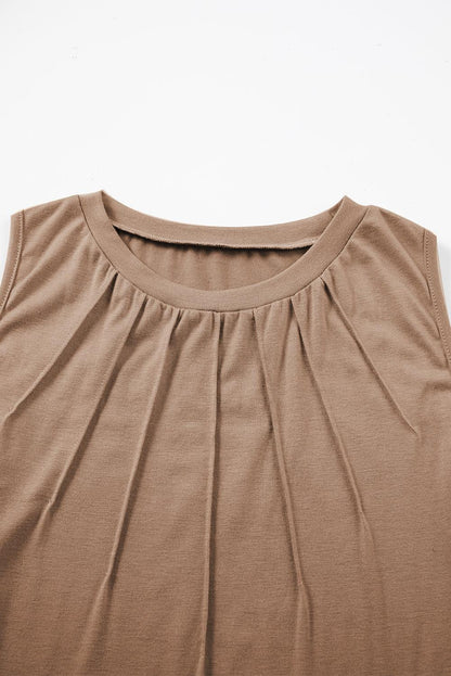 Light French Beige Pleated Detail Round Neck Tank Top - L & M Kee, LLC