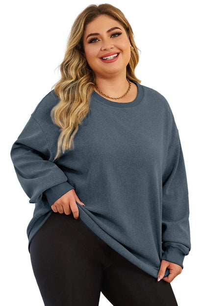 Blue Plus Size Corded Round Neck Sweatshirt - L & M Kee, LLC