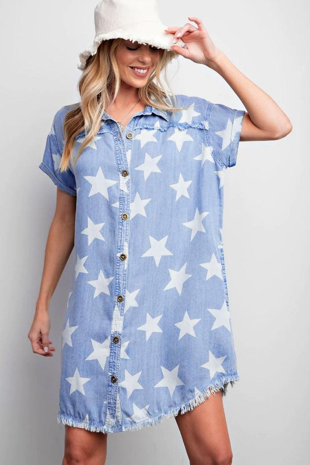 Sky Blue Stars Frayed Hem Collared Short Sleeve Denim Dress - L & M Kee, LLC