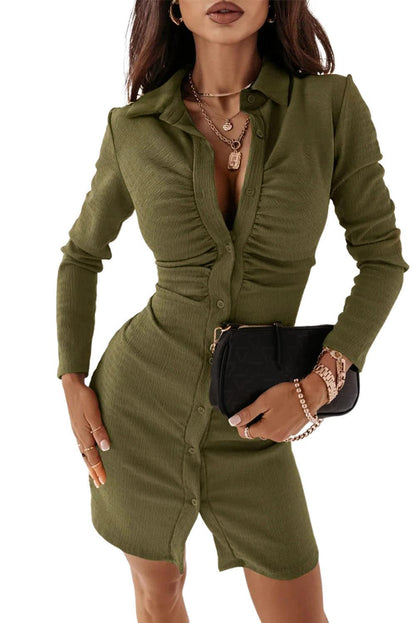 Green Collared Pleated Button-Front Long Sleeve Bodycon Dress - L & M Kee, LLC