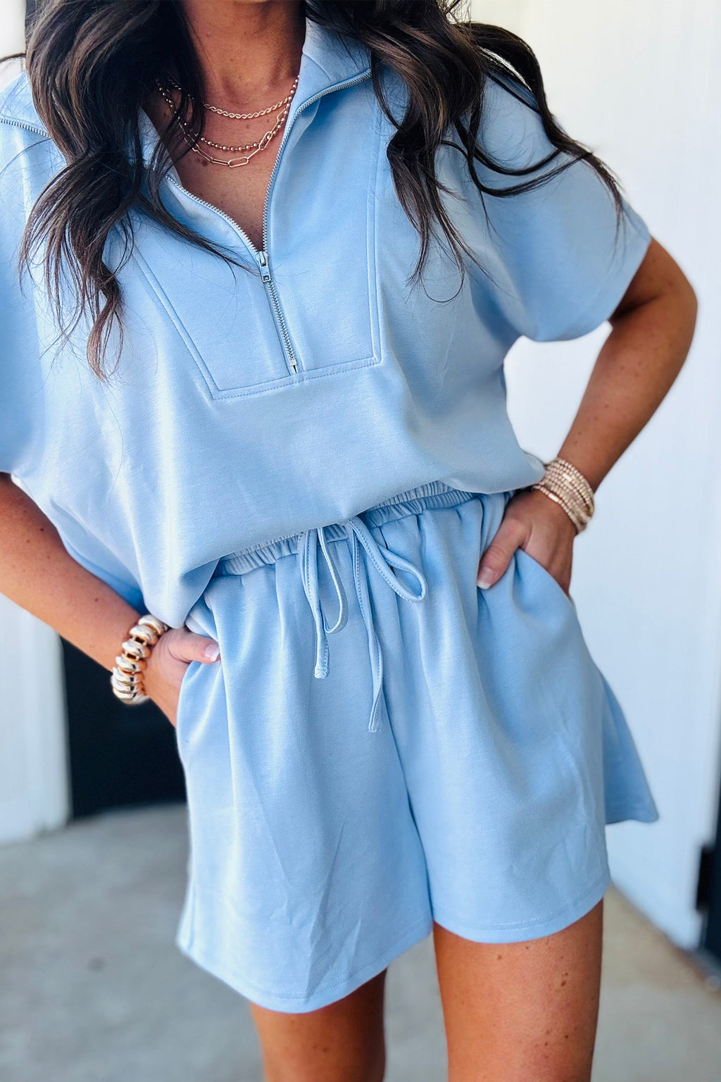 Beau Blue Solid Color Half Zip Loose Short Sleeve Sweatshirt 2pcs Set