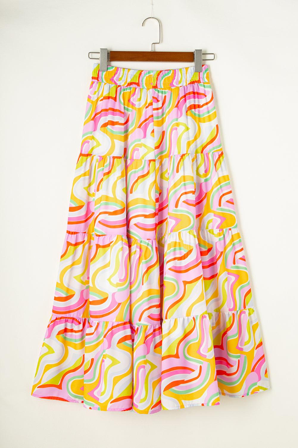 Pink Abstract Print Tiered Flowy Maxi Skirt - L & M Kee, LLC