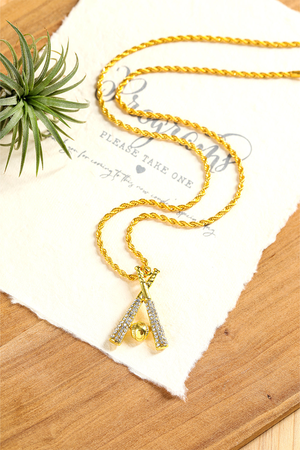 Gold Rhinestone Baseball Pendant Plated Alloy Chain Necklace